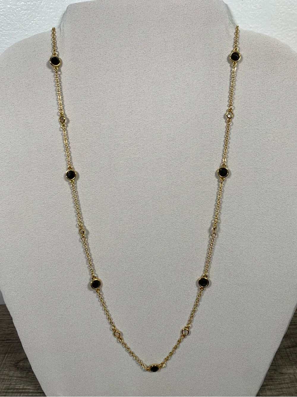 Monet Bezel Set Crystal Chain Necklace Clear Black Gold 30”